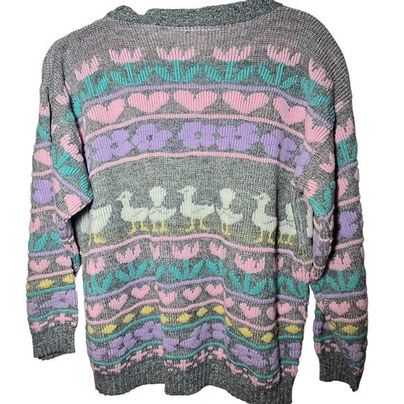 Vintage 80's Gray Pastel Goose Duck Hearts Flowers Crewneck Sweater Women's M/L - Picture 2 of 8